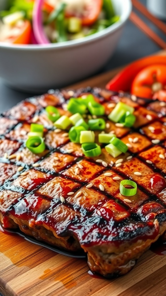 Grilled ribeye steak garnished with green onions and sesame seeds on a wooden board, served with salad and rice.